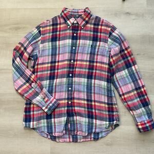 Ralph Lauren Mens Custom Fit Pure Linen Button Up Multicolor Plaid Size Large
